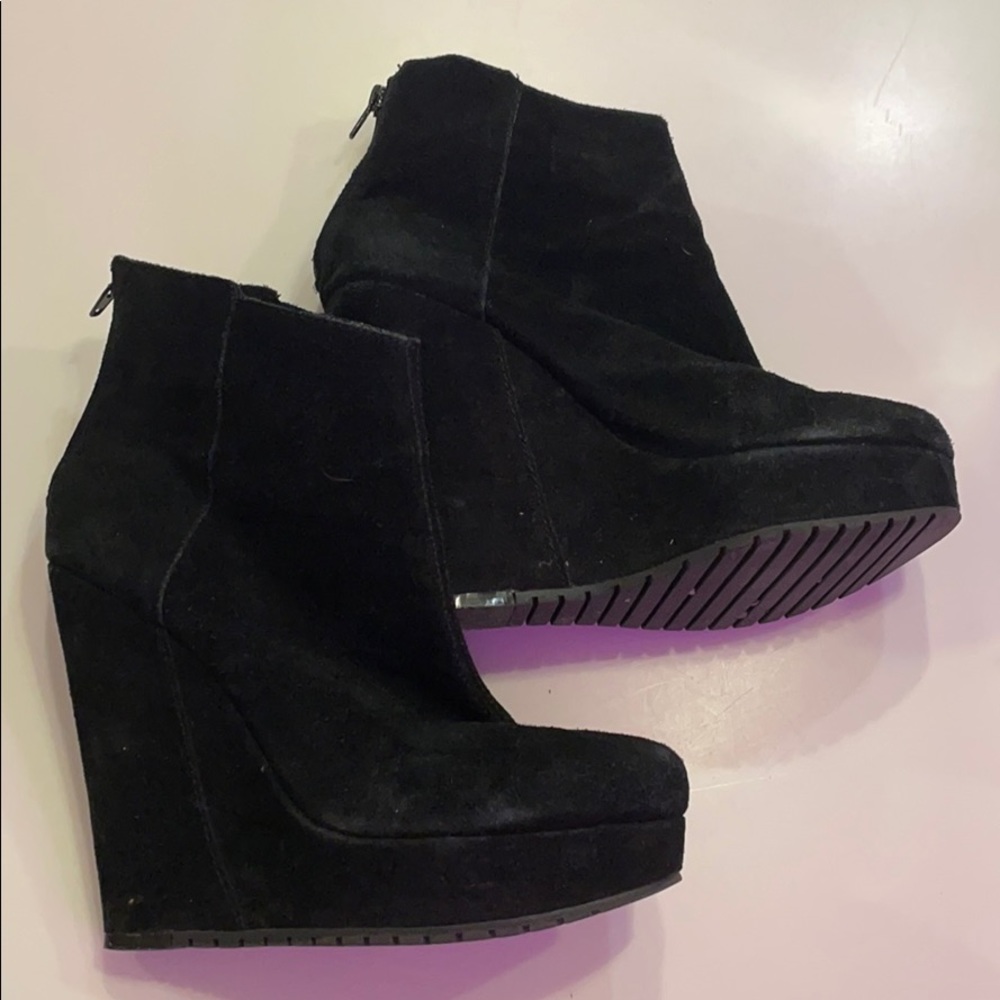 Black suede high ankle platform wedge booties